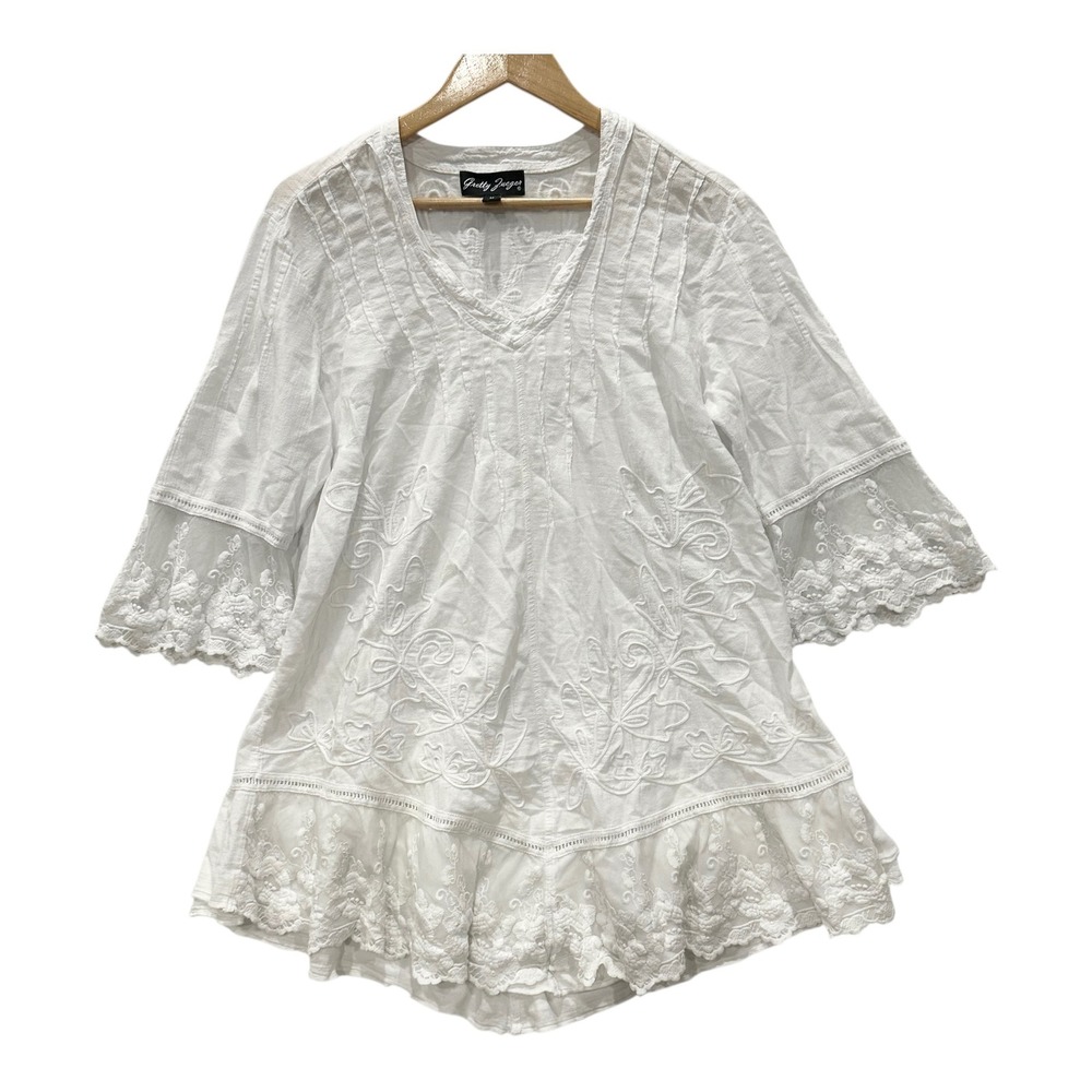 Gretty Zueger White Cotton Embroidered Lace Tunic Top Womens Medium Boho V-Neck